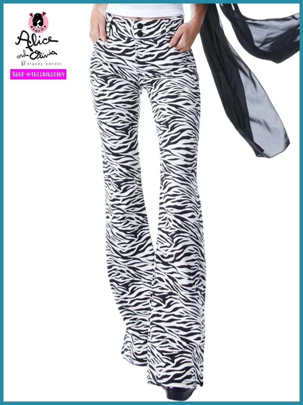 Alice + Olivia Stacey Zebra Striped Low Rise Bell Bottom Jeans